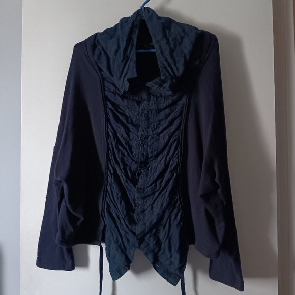 Y’S YOHJI YAMAMOTO Navy Blue Wool Sweater w/ Blue Plaid Ruched Insert 2 M - Picture 2 of 5